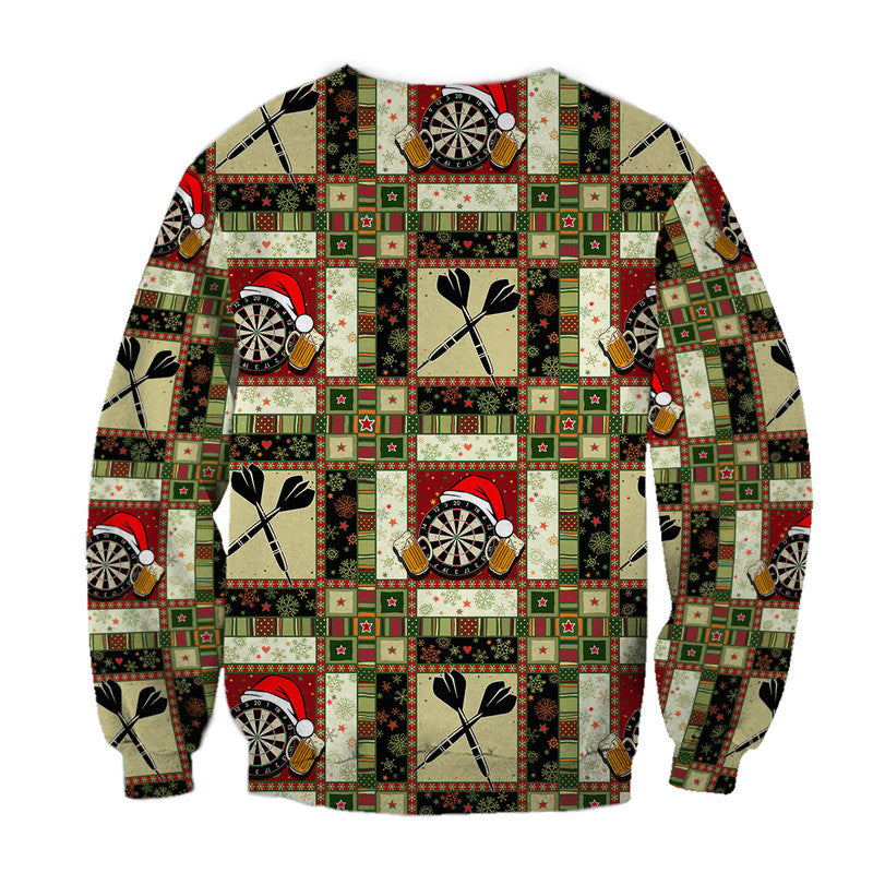 Darts Christmas sweatershirt with dart-themed patchwork print, no front text