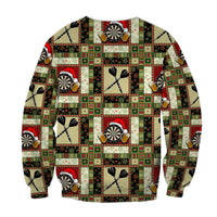 Darts Christmas sweatershirt with dart-themed patchwork print, no front text