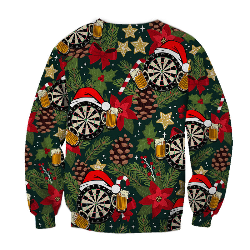Unisex crewneck sweater with all-over green Christmas darts, holly and beer pattern, long sleeves