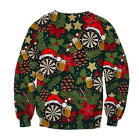 Unisex crewneck sweater with all-over green Christmas darts, holly and beer pattern, long sleeves