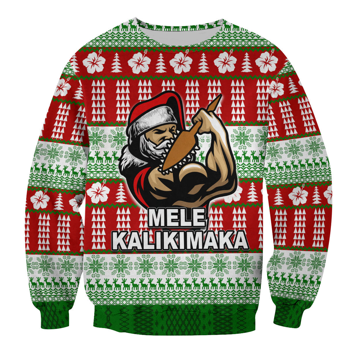 Christmas sweatshirt with red green pattern, warrior Santa graphic and lettering MELE KALIKIMAKA