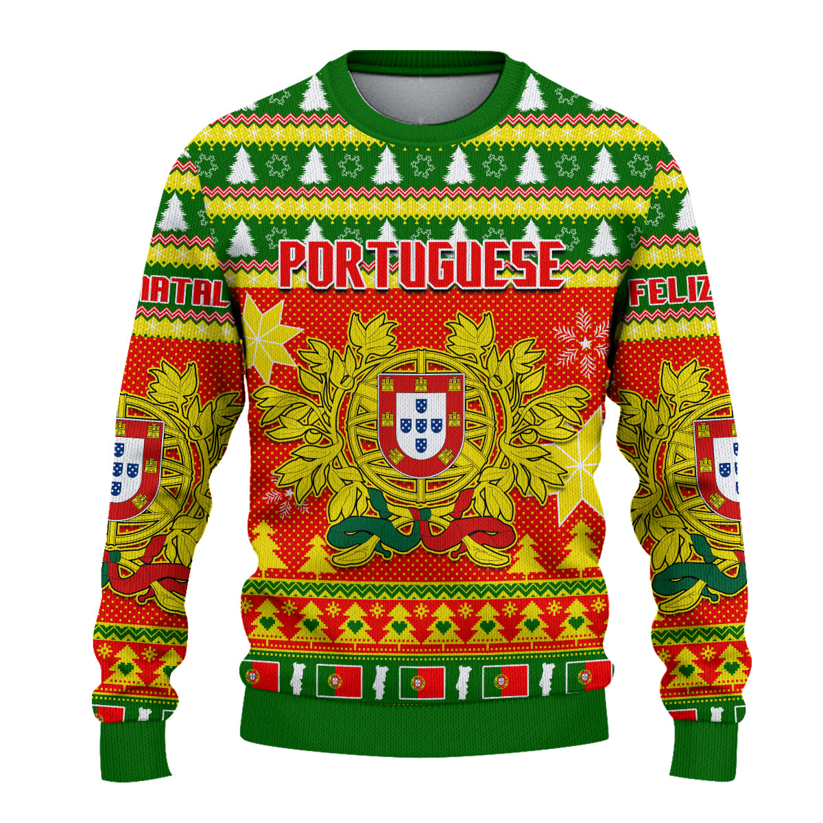 Unisex knitted sweater with green trim, red-and-green Portugal crest and Feliz lettering