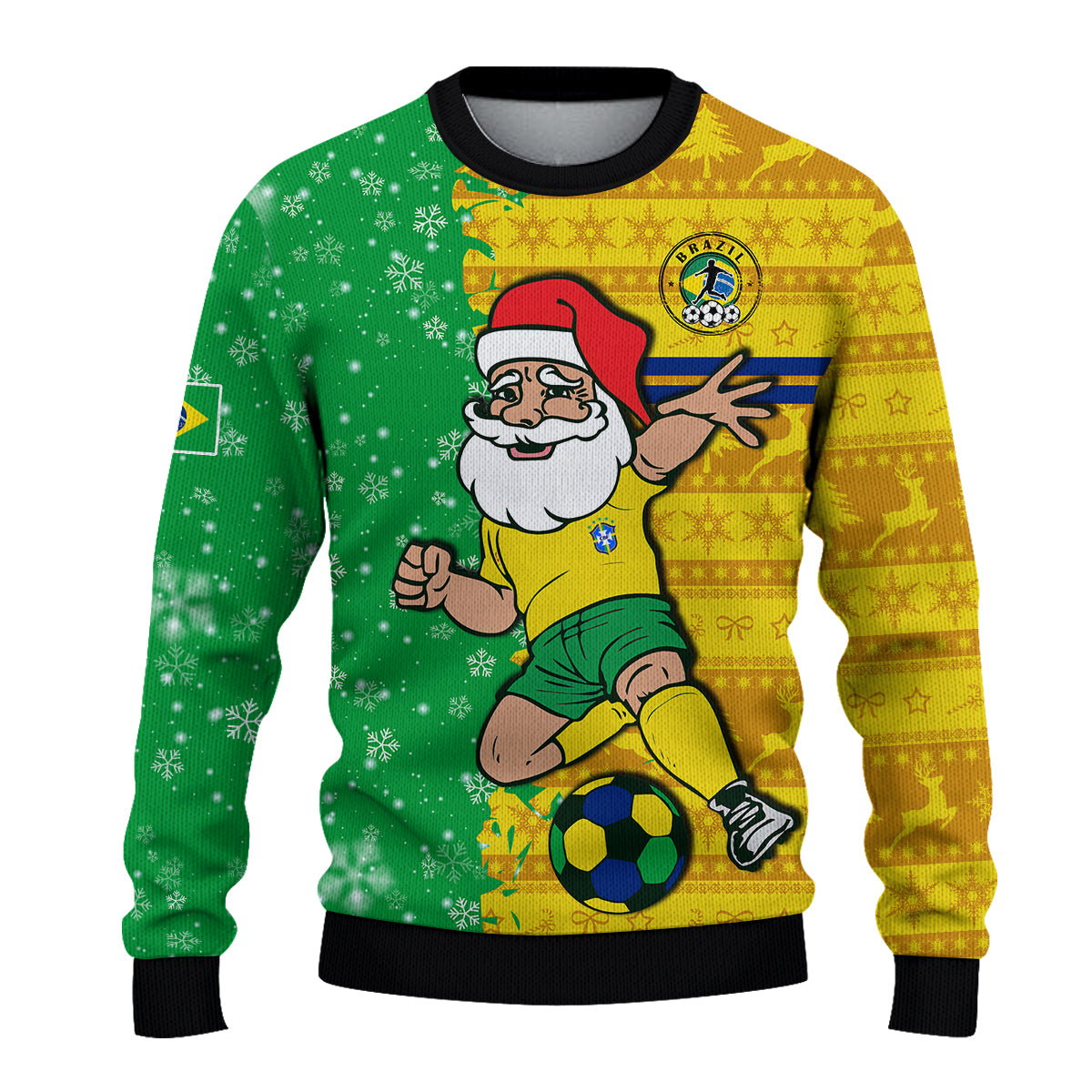 Unisex Brazil football Christmas sweatshirt, green/yellow with Santa graphic and black trim