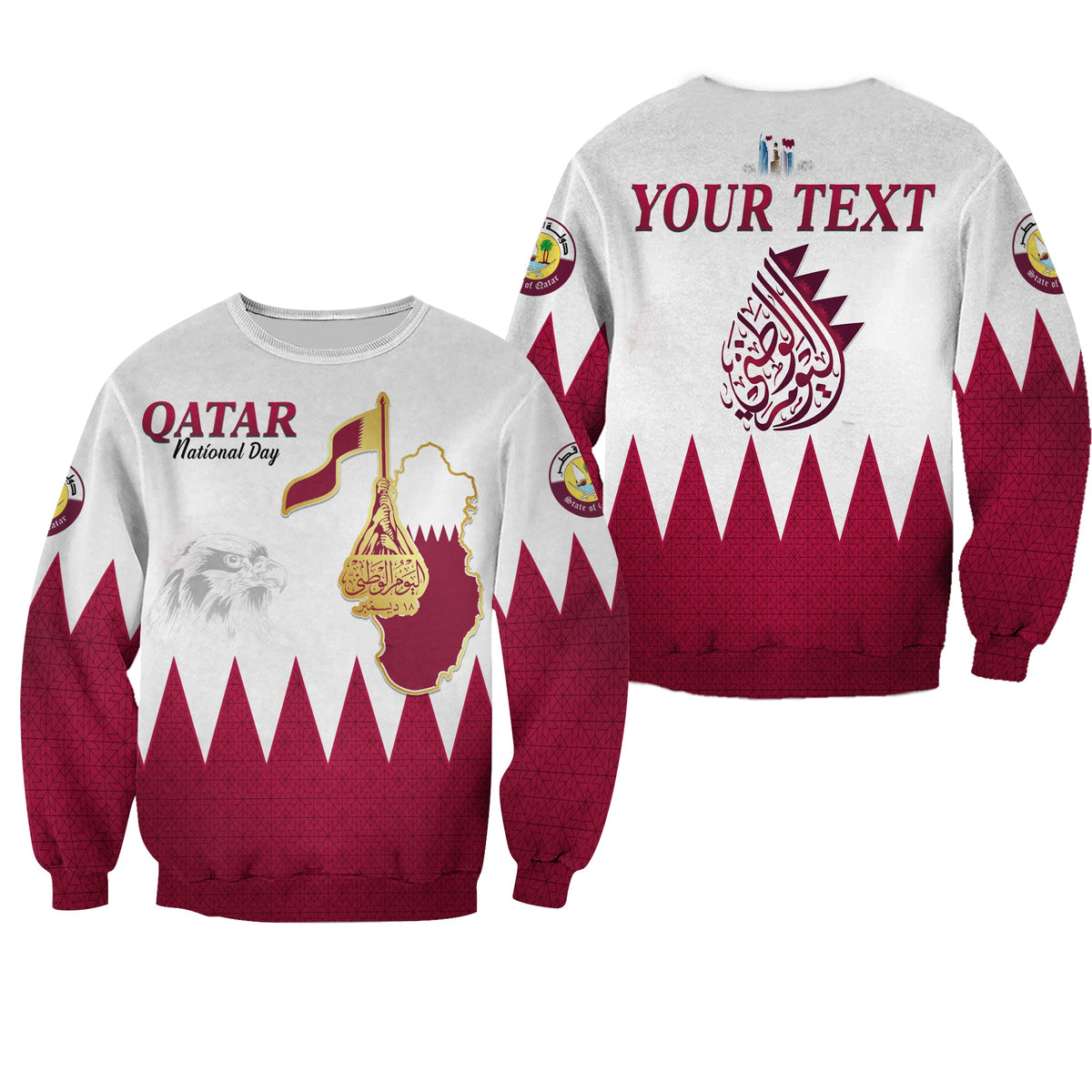 Two unisex Qatar sweatshirts: white base, maroon flag design with Qatar text