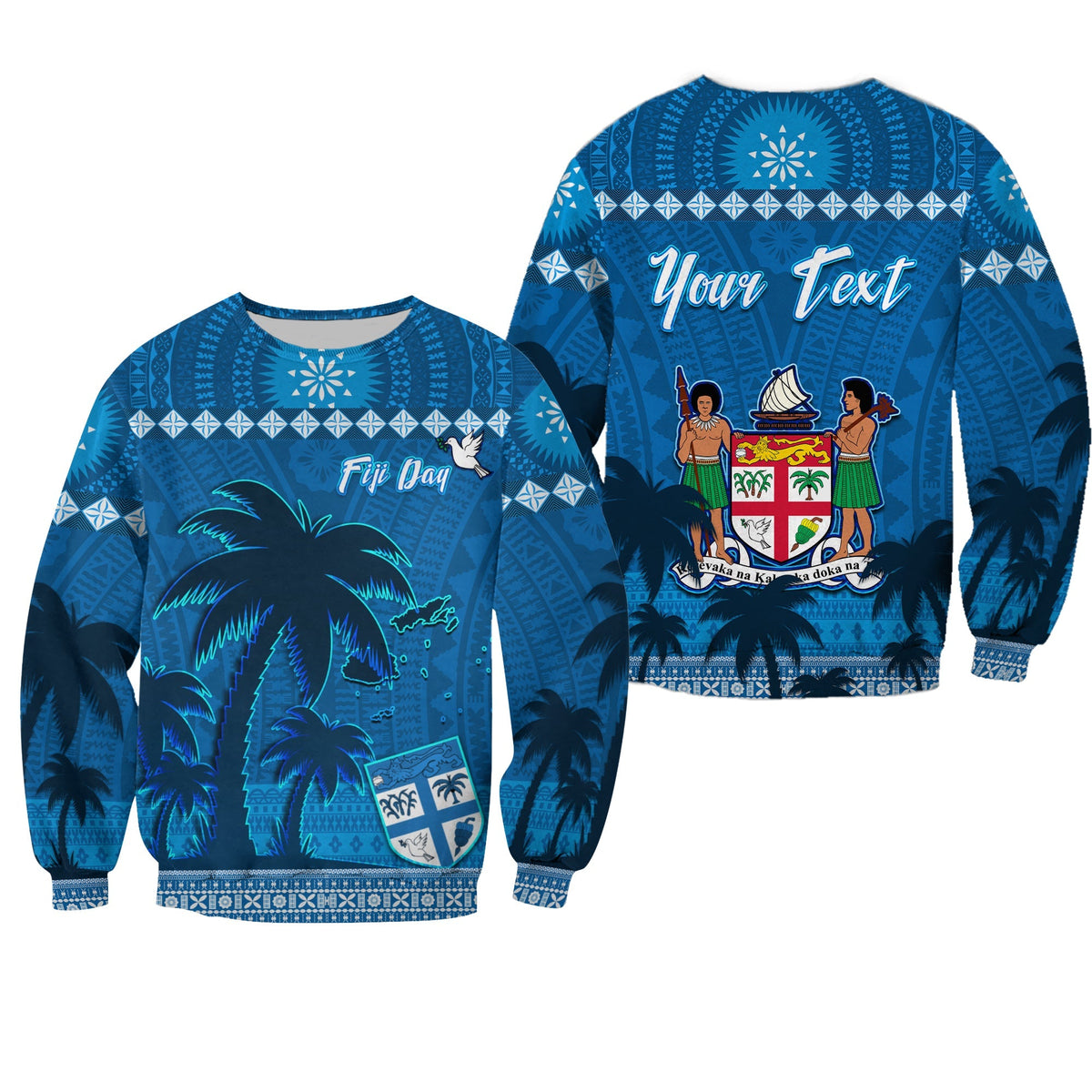 Unisex blue crewneck sweatshirt with Fiji Day palm tree print and decorative patterns