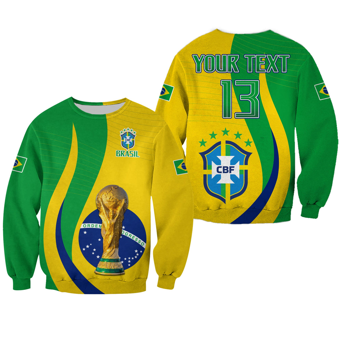 Brazil soccer sweatshirt in green and yellow with trophy, CBF logo, number 13 and custom text
