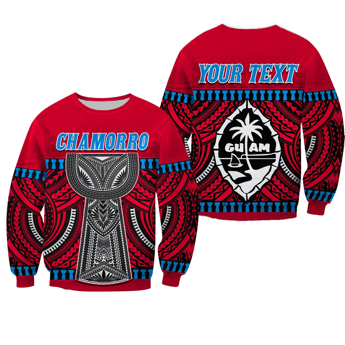 Red unisex sweatshirt: CHAMORRO front print and black‑white hourglass design