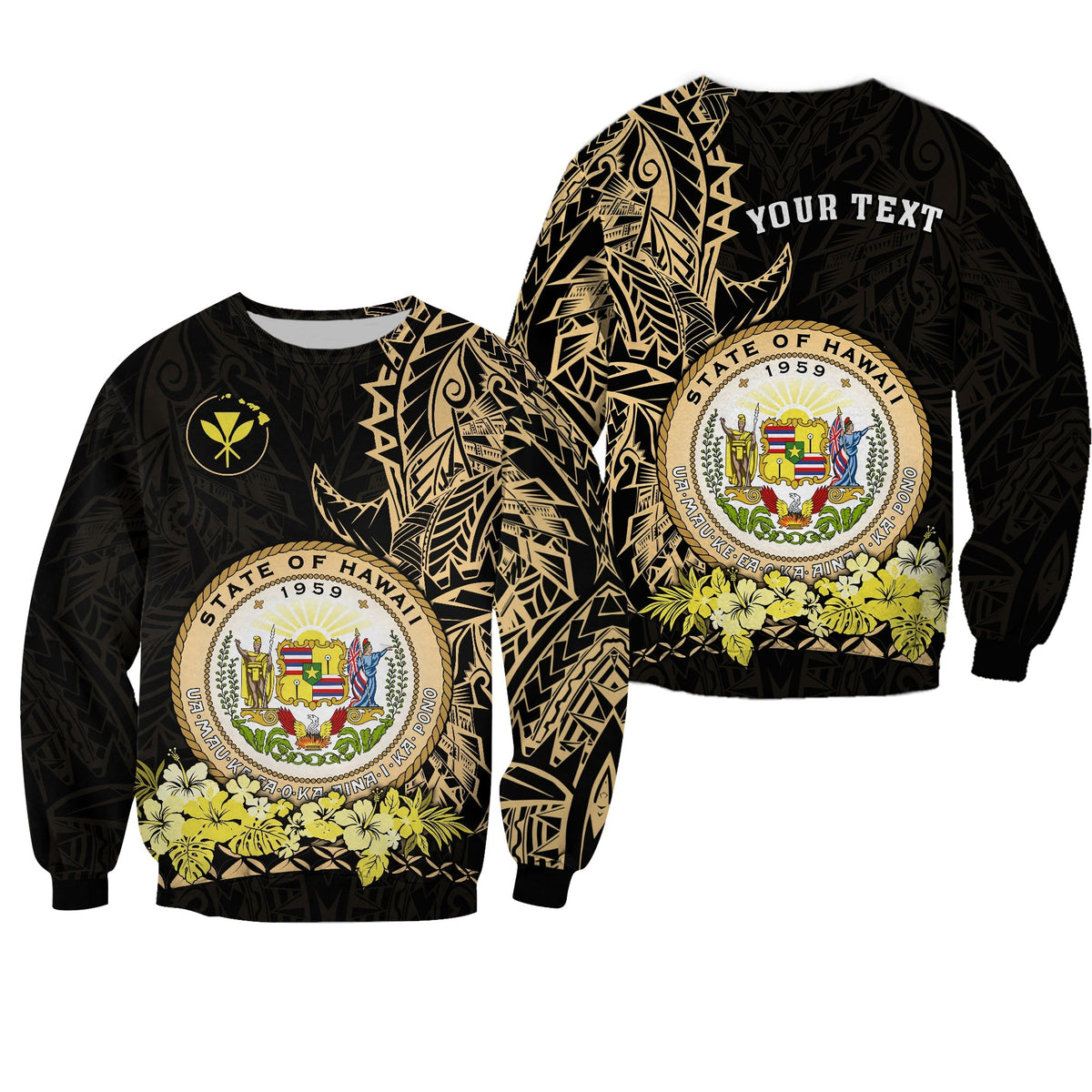 Unisex Sweatshirt schwarz mit goldfarbenem Hawaii-Siegel, Blumen und „Your Text“