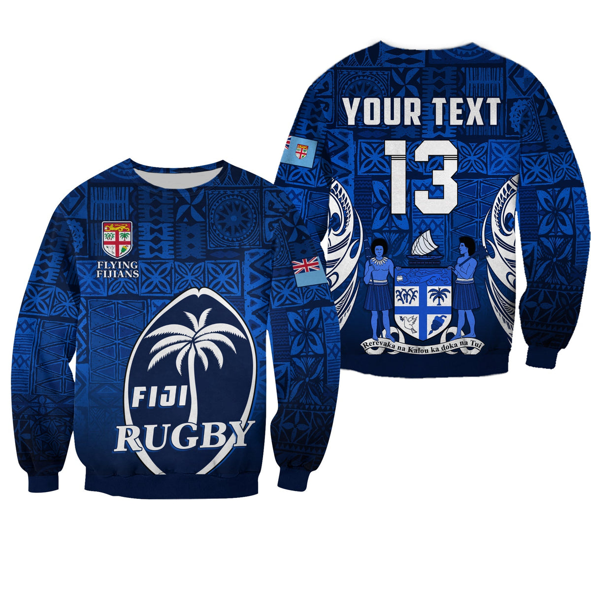 Blue Fiji rugby sweatshirt with custom text and number 13, tapa pattern, Flying Fijians logo.