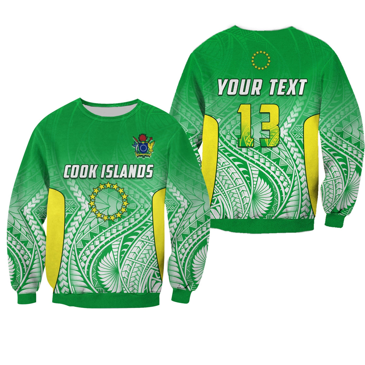 Green unisex sweatshirt with Cook Islands graphic and leaf pattern, yellow 13 on back