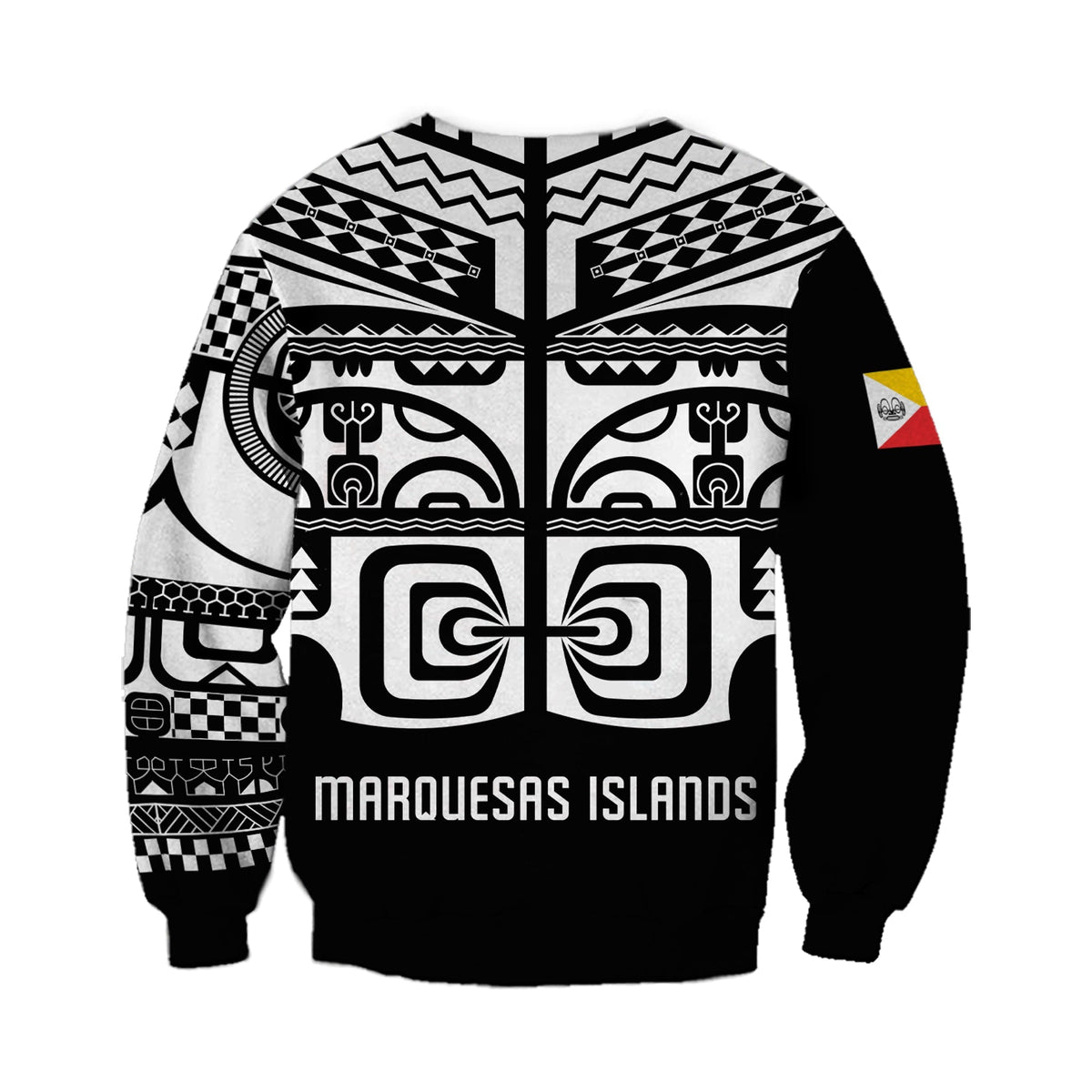 Black unisex sweatshirt with back square tiki panel and “Marquesas Islands” text