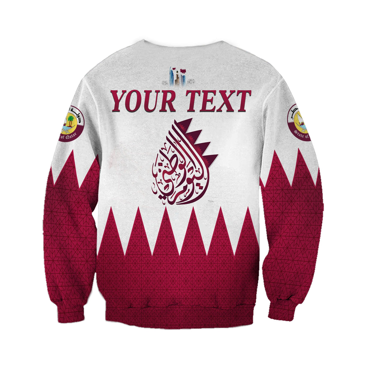 Unisex white Qatar sweatshirt back: 'YOUR TEXT' over maroon flag pattern and Arabic emblem