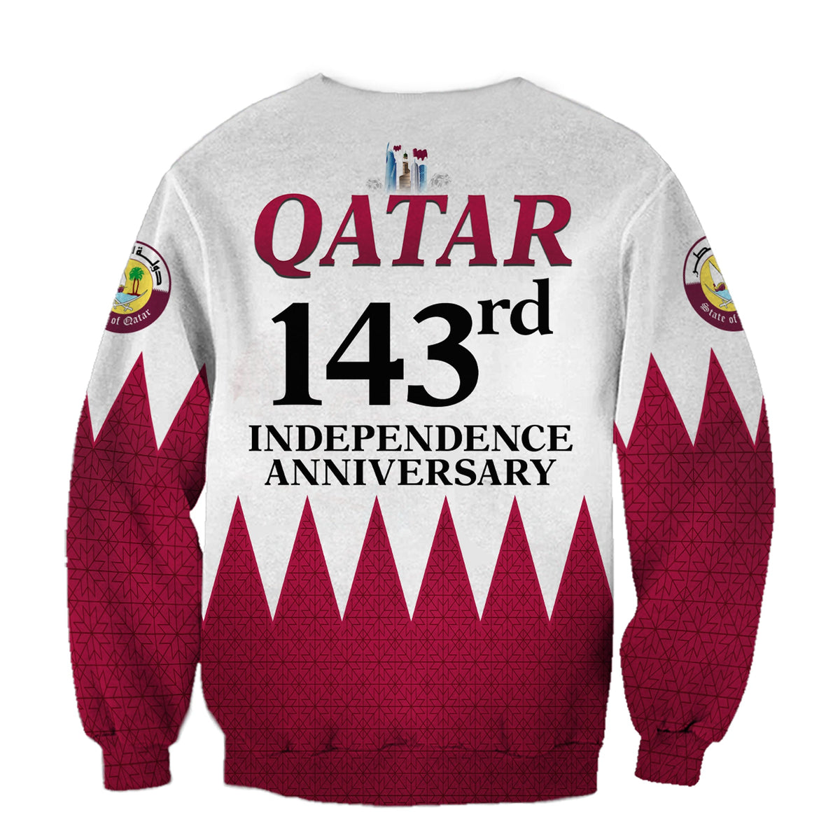 Light gray back sweatshirt with QATAR 143rd Independence Anniversary text and triangular pattern