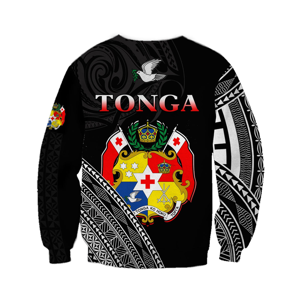 Black sweatshirt back view with dove and Tonga crest, aztec-style sleeve stripes