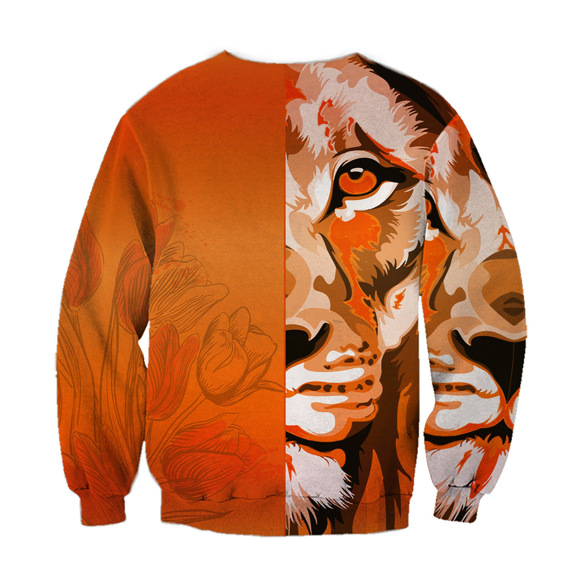 Orange unisex sweatshirt with lion portrait and camo floral pattern on sleeves and back