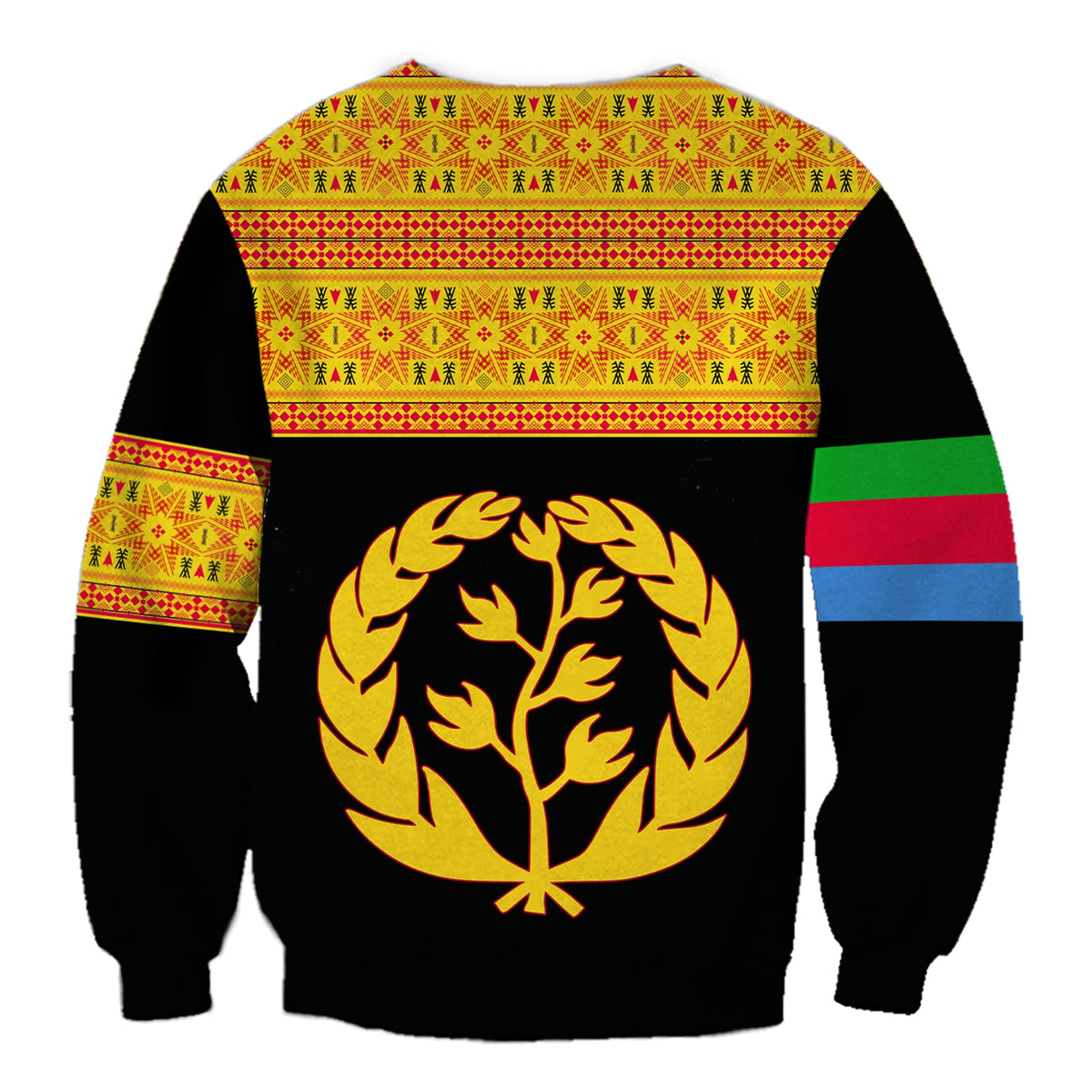 Black sweatshirt back with gold tree emblem, patterned yoke, and striped sleeves