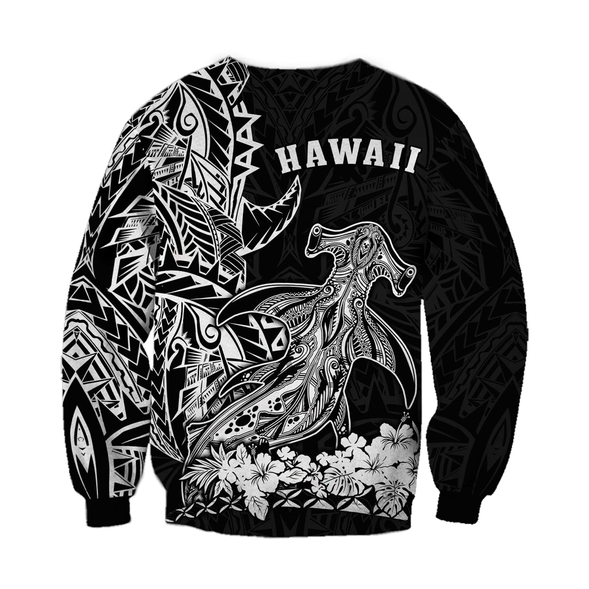 Black unisex crewneck sweatshirt, Hawaii lettering with white hammerhead shark and floral