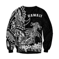 Black unisex crewneck sweatshirt, Hawaii lettering with white hammerhead shark and floral