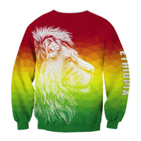 Red unisex sweatshirt with lion graphic and Ethiopian-flag colors, back view