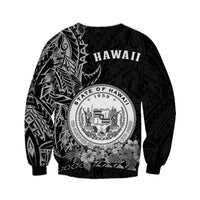 Black Hawaiian Polynesian sweatshirt with large back Hawaii text and state seal artwork