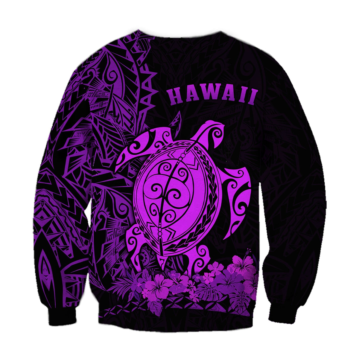 Unisex dark sweatshirt with purple turtle, floral border, and HAWAII text