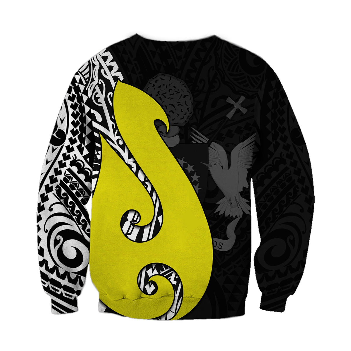 Black crewneck sweatshirt with bold lime fish-hook and black-on-black leaf texture