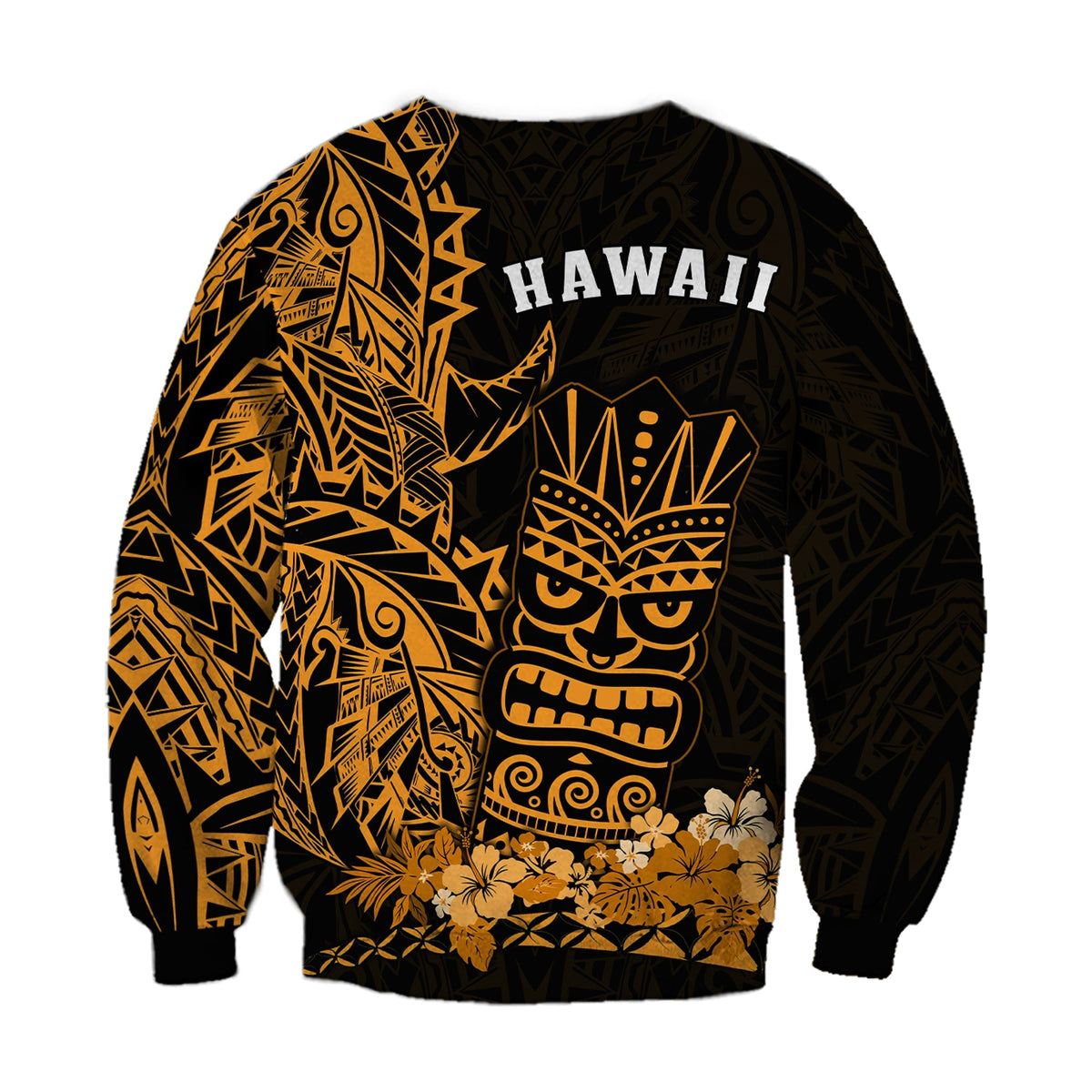 HAWAII text back sweatshirt with gold tiki mask and floral hem; dark base