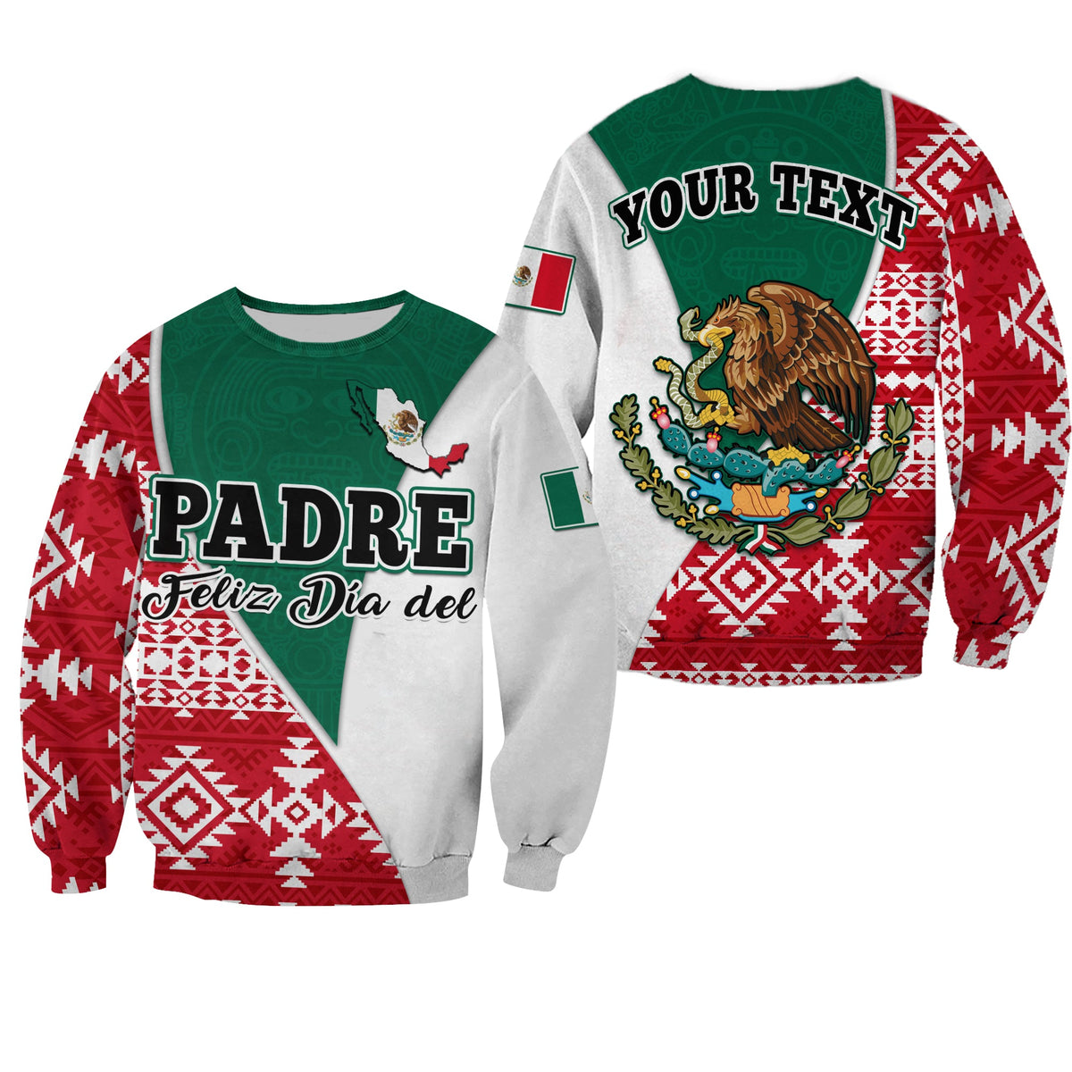 Sudadera verde y roja con patrón azteca y texto “PADRE” y “Feliz Día del”