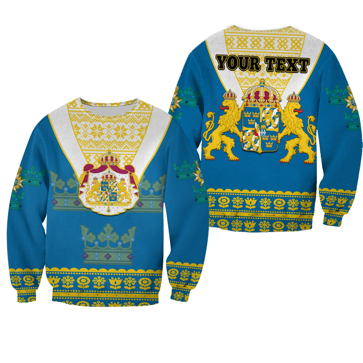 Blue Sweden sweatshirt with 'YOUR TEXT' crest and Scandinavian flower bands