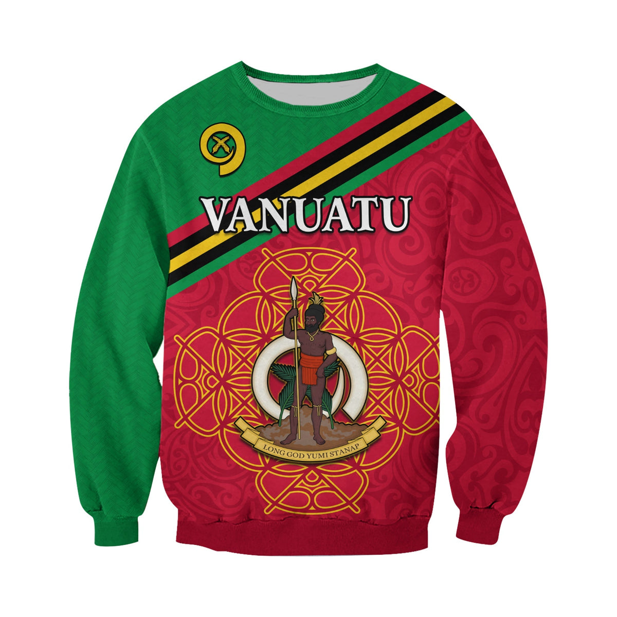 Red-and-green sweatshirt front with Vanuatu lettering and central warrior emblem