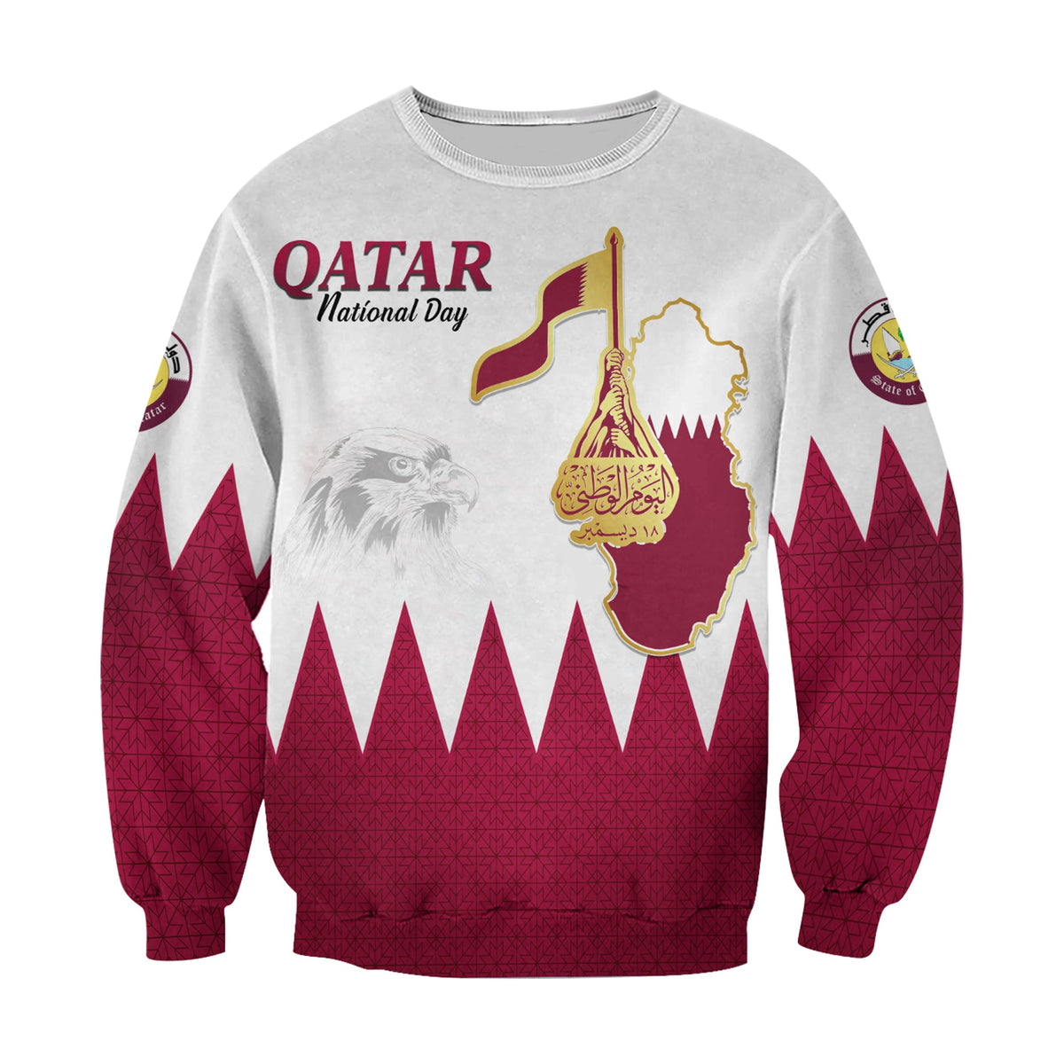 Light gray front sweatshirt with Qatar National Day logo, map flag, and eagle graphic