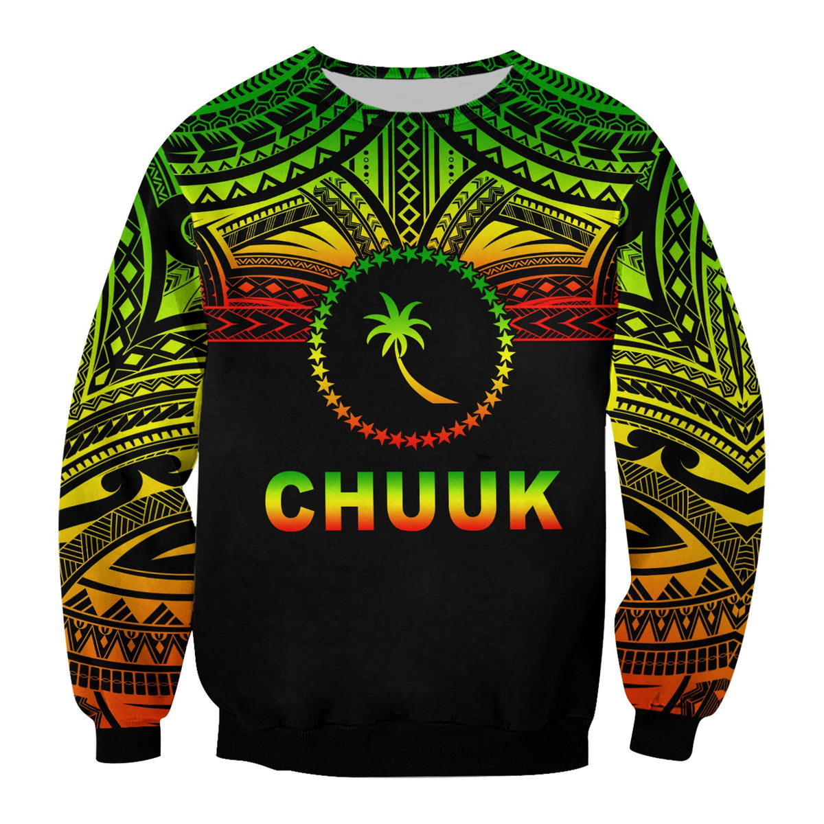 Multicolor unisex sweatshirt with 'CHUUK' text and central palm within tribal pattern