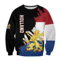 Unisex black sweatshirt with Dutch flag, map outline, and gold lion graphic