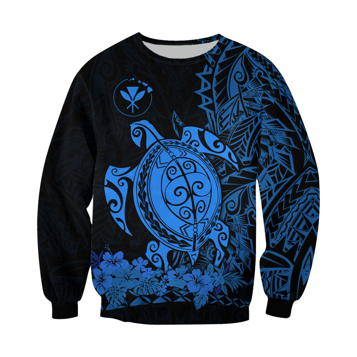 Unisex sweatshirt, dark blue sea turtles & floral Polynesian print on black