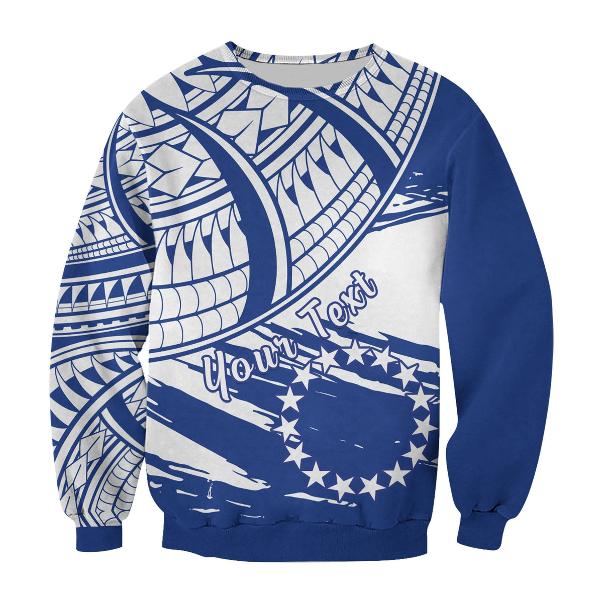Unisex blue Cook Islands sweatshirt with white geometric flag pattern, long sleeves
