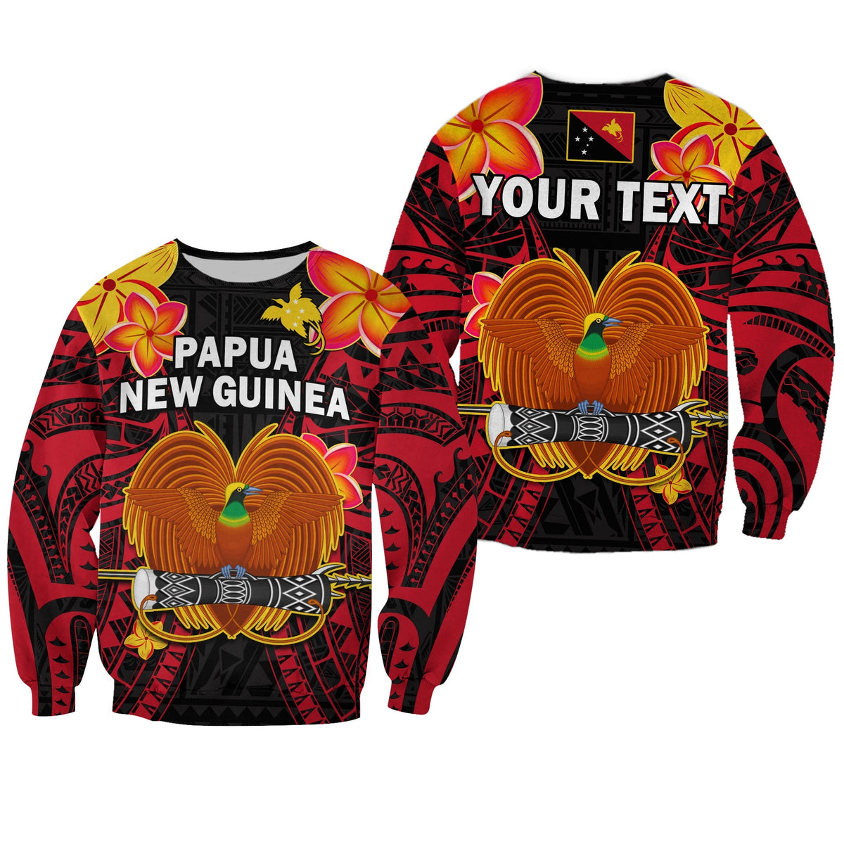 Unisex sweatshirt set showing red-and-black tribal pattern with bird of paradise, flowers, and text