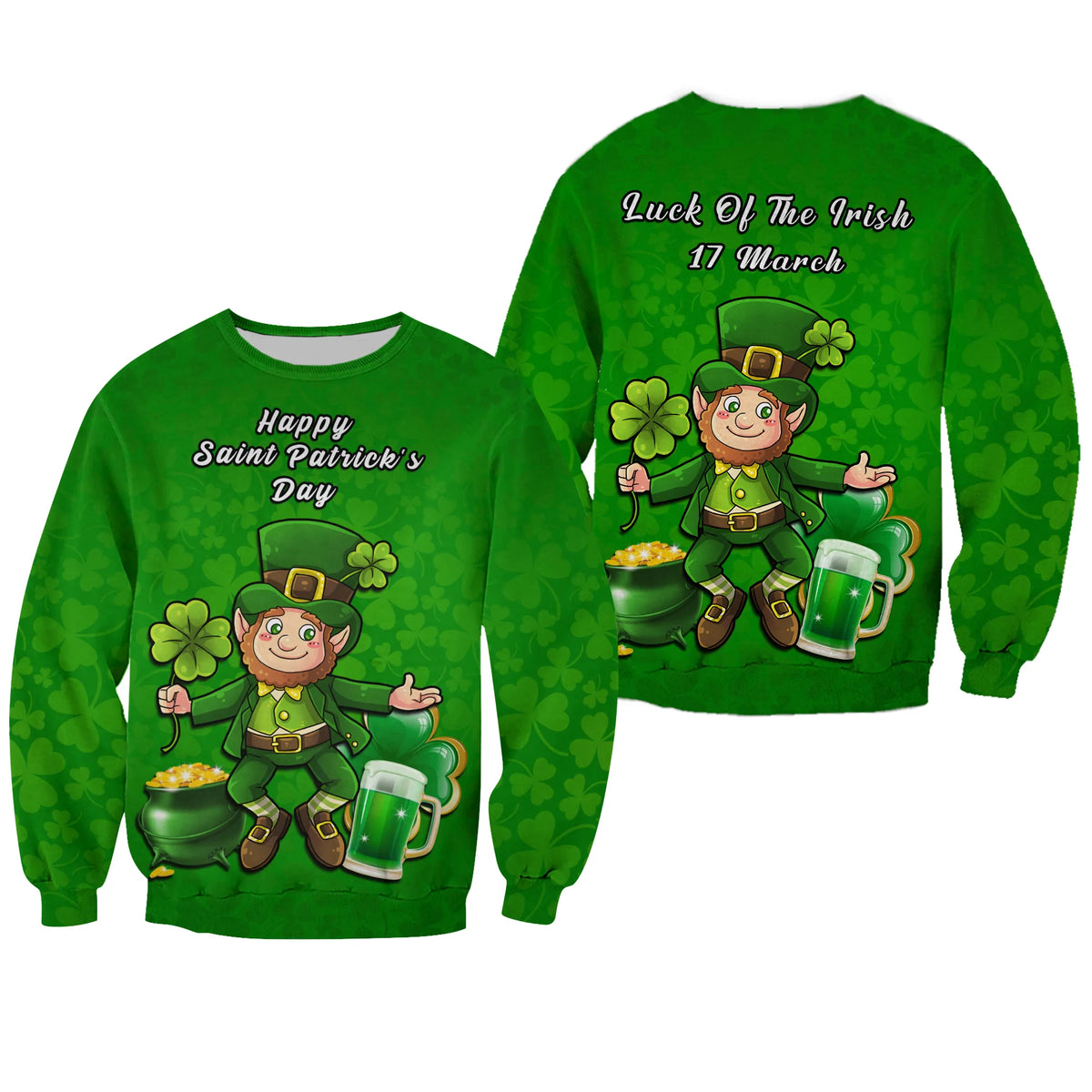Green unisex sweatshirt with leprechaun, shamrocks, and 17 March graphic