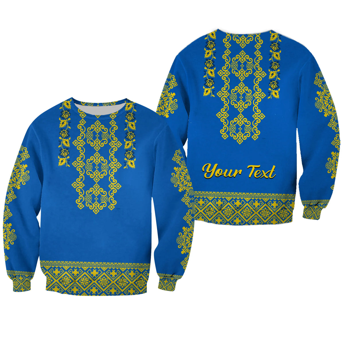 Unisex blue crewneck sweatshirt set with yellow-green folk pattern; one shows 'Your Text'