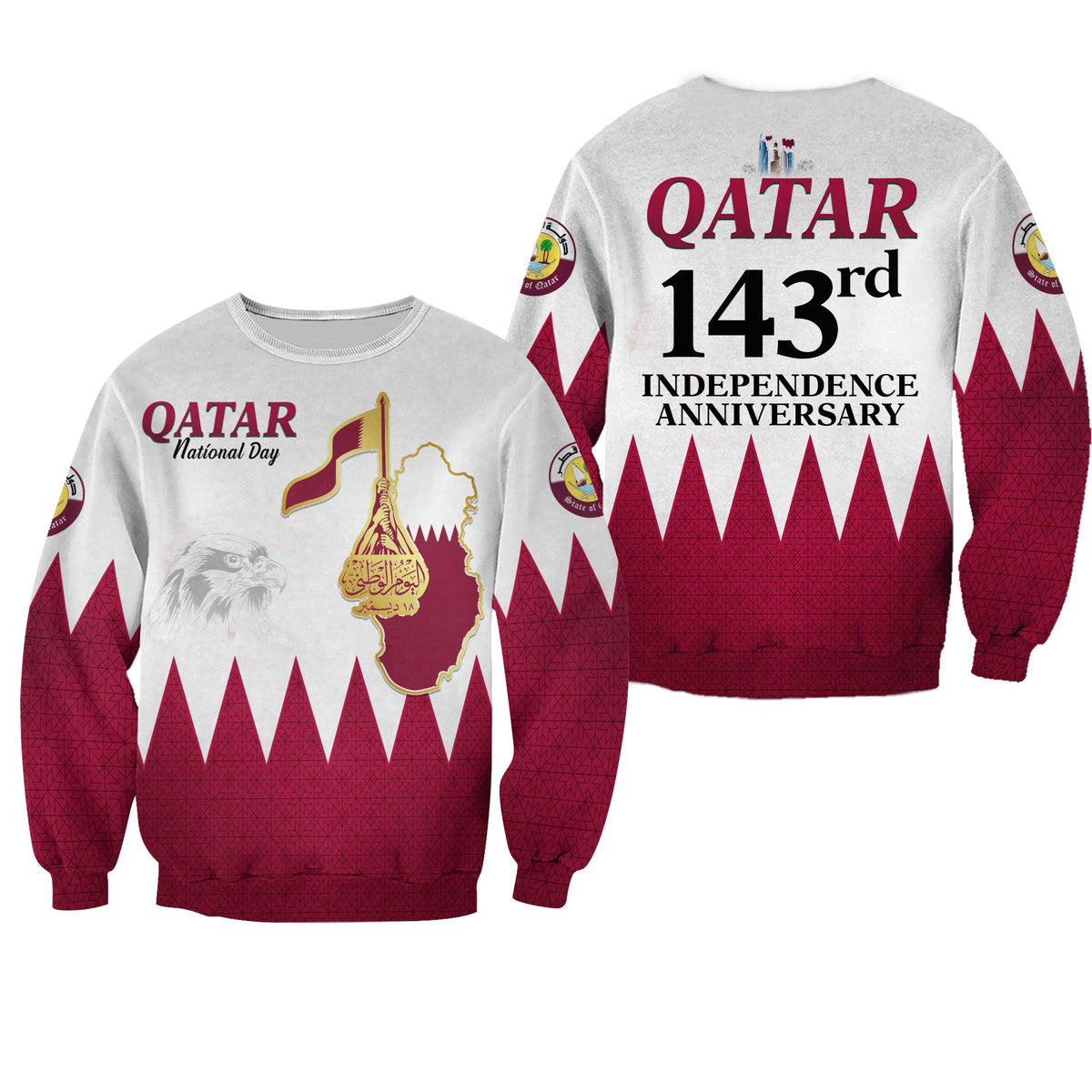 Light gray Qatar sweatshirt: front National Day + back 143rd Independence