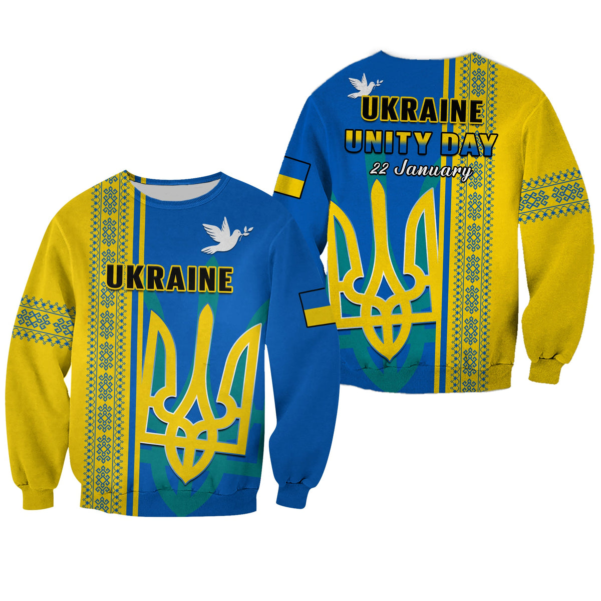 Unisex blue sweatshirt with yellow folk trim, 'Ukraine Unity Day' text and trident emblem