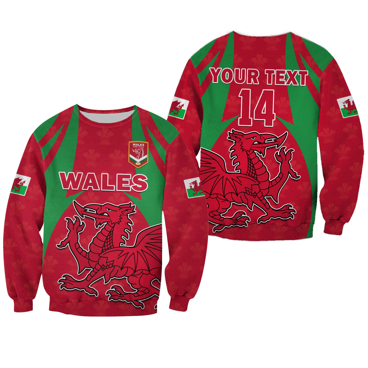 Red and green rugby sweatshirt with Wales crest, dragon graphic, custom text and 14
