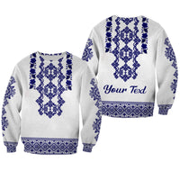 Unisex sweatshirt, light gray with blue folk embroidery pattern and custom text on front.