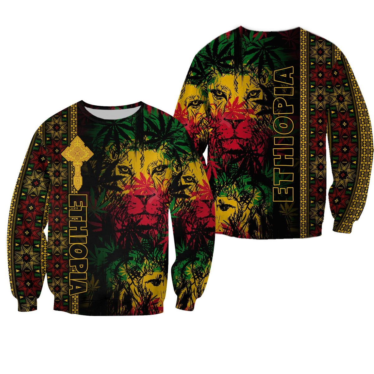 Unisex reggae sweatshirt with lion portrait, cross emblem, and “ETHIOPIA” vertical text