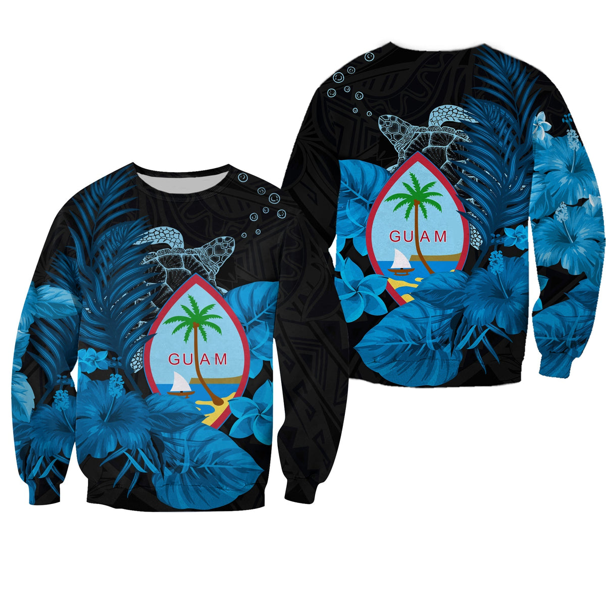 Black sweatshirt with blue tropical turtle, Guam shield, and flowers graphic