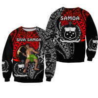 Red/black Samoa sweatshirt: front 'SIVA SAMOA' dancer print, back 'SAMOA' crest