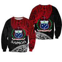 Unisex sweatshirt front and back with Samoa text, crest, red/black Polynesian design