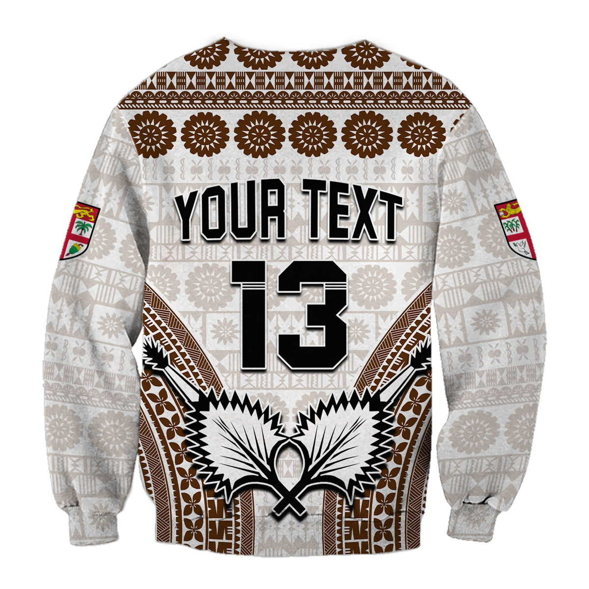Unisex sweatshirt, white with brown tapa pattern; YOUR TEXT 13 and crest
