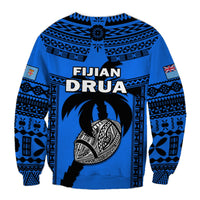 Unisex blue crewneck rugby sweatshirt with black back graphic and long sleeves
