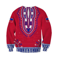Back view: red unisex dashiki-style sweatshirt with ornate blue neckline and cuffs