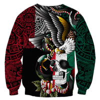 Unisex black sweatshirt with skull and bird graphic, colorful Aztec-style sleeve panels